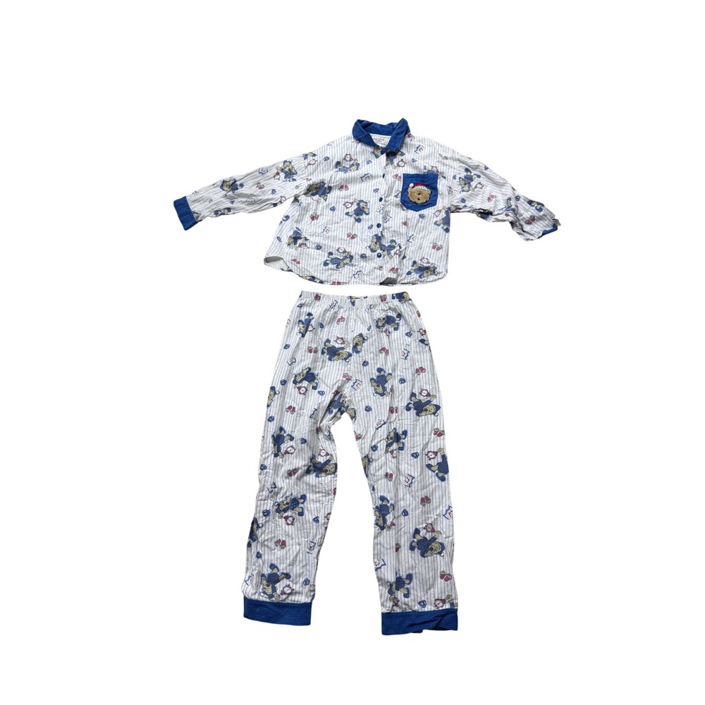 Vintage True Colors Sleepwear PJ Set Womens Pinstripe Teddy Bear Flannel